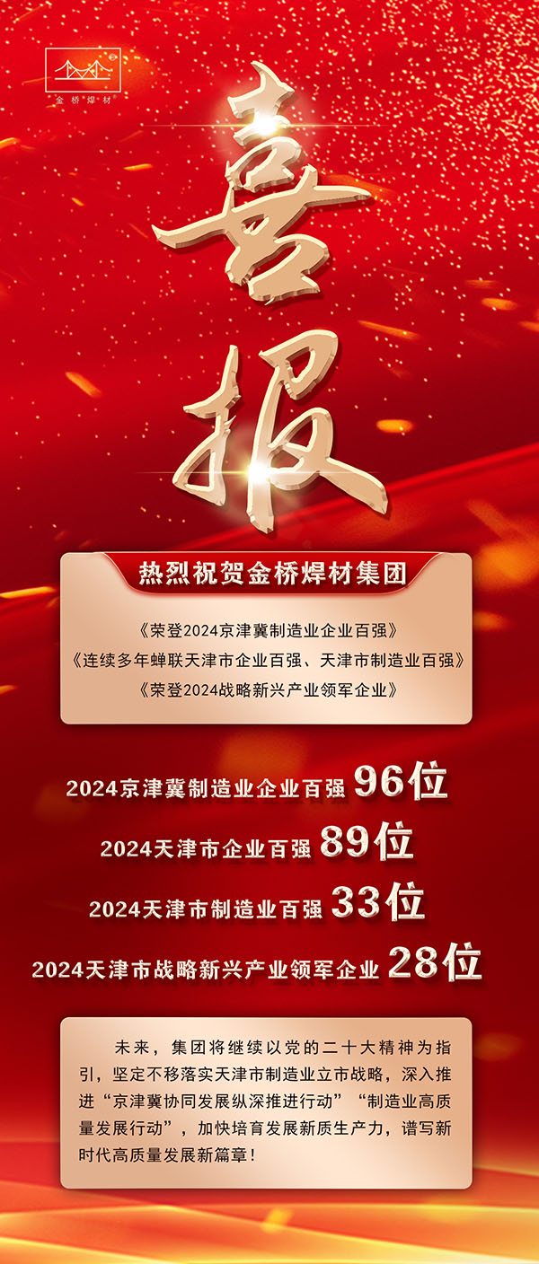喜报！南宫ng28相信品牌力量-相信品牌的力量ng28-南宫28NG国际-南宫28在线登录-南宫ng28注册平台入口-南宫ng娱乐app下载-南宫28网页-南宫集团加拿大28-南宫ng娱乐app下载焊材集团荣膺2024年京津冀制造业企业百强、天津市企业百强、天津市制造业百强、战略新兴产业领军企业！